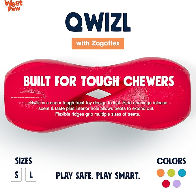 WEST PAW Zogoflex Qwizl Dog Puzzle Treat Toy – Interactive Chew Toy for Dogs – Dispenses Pet Treats – Brightly-Colored Dog Enrichment Toy for Aggressive Chewers, Fetch, Catch, Small 5.5", Ruby