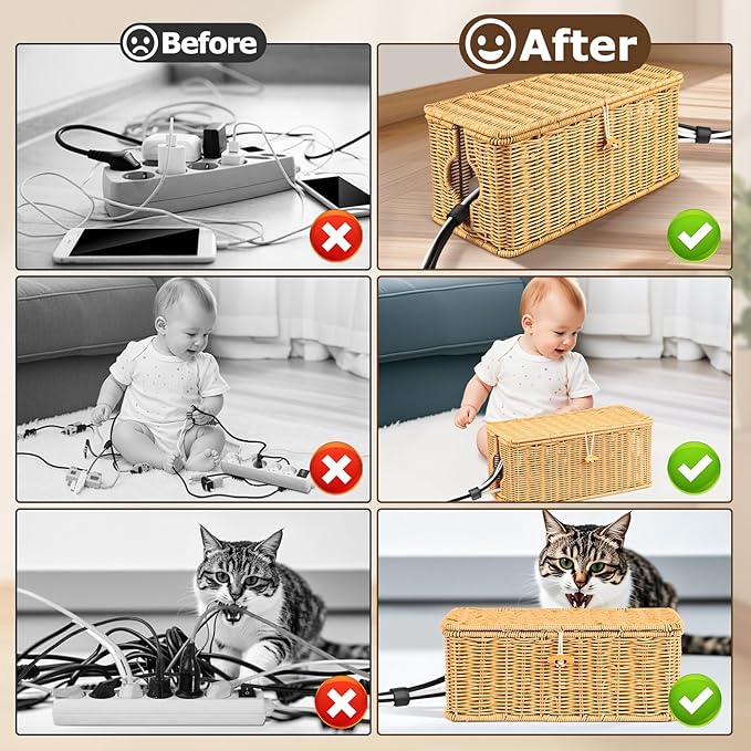 Cable Organzier Box, Handwoven Imitation Rattan Power Strip Cover Cable Management Box, 2 Open Slots Cord Organizer Cord Storage Basket for Computer Router USB Hub and Power Strip