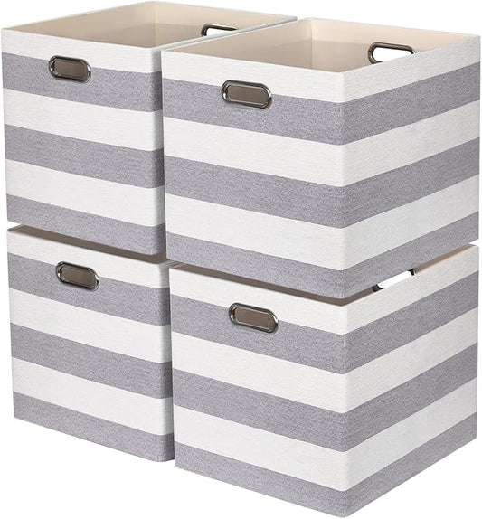 13x15x13 Storage Cube Bins, Foldable Storage Cubes, Fabric Organizer Basket Bin, Striped Containers Decorative Storage Boxes for Shelves Wardrobe Closet Home Office, 4 Pack, Gray/White