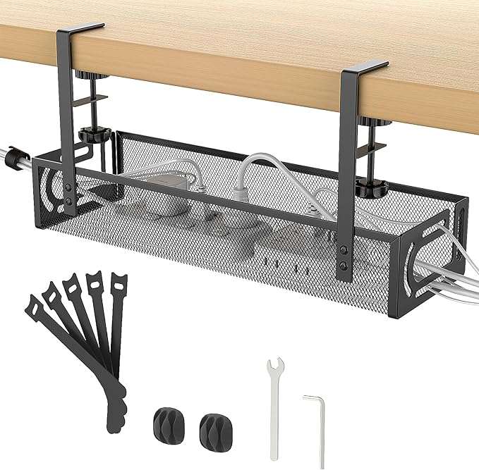 Under Desk Cable Management Tray No Drill, Metal Mesh Cable Tray with Clamp for Desk Wire Management, Cord Organizer Box for Office, Home