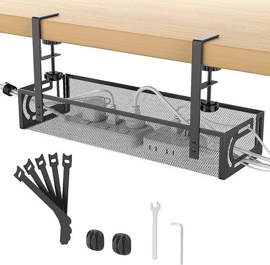 Under Desk Cable Management Tray No Drill, Metal Mesh Cable Tray with Clamp for Desk Wire Management, Cord Organizer Box for Office, Home