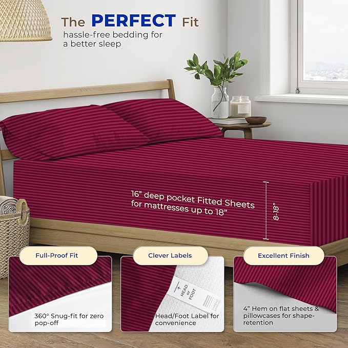 THREAD SPREAD Luxury Egyptian Cotton Twin Stripe Sheet Set - 600 Thread Count Extra Long Staple 3 PC Set, Twin Damask Sheets, Soft, Cooling Sateen Weave Striped Sheets Upto 18" Deep Pocket - Burgundy