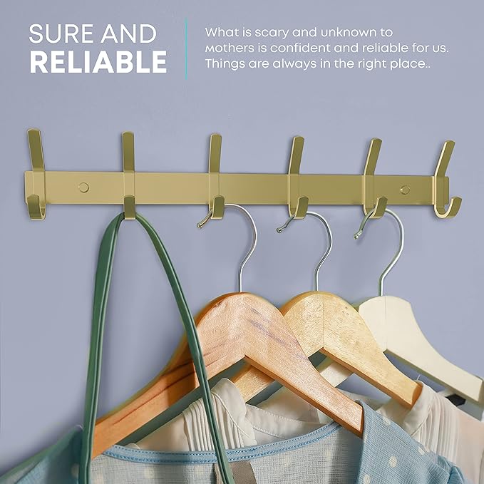 Brushed Gold Wall Mounted Coat Rack – 17 Inch Stainless Steel Rail with 6 Double Coat Hooks for Entryway, Bathroom, Bedroom, Kitchen – Modern Gold Hook Rack for Coats, Hats, Towels