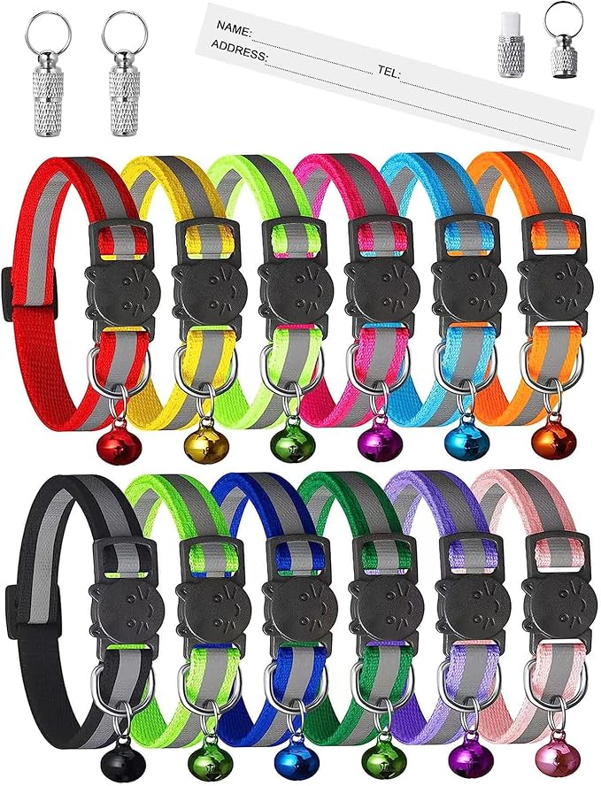 14 Pack Set Kitten Collars Breakaway with Bells,Reflective Safety Cat Collar,Ideal for Puppy, Girl Boy Cats,with Name Tag,Adjustable for Small Animal,Pet Supplies(12 Colors & 2 ID Tags)