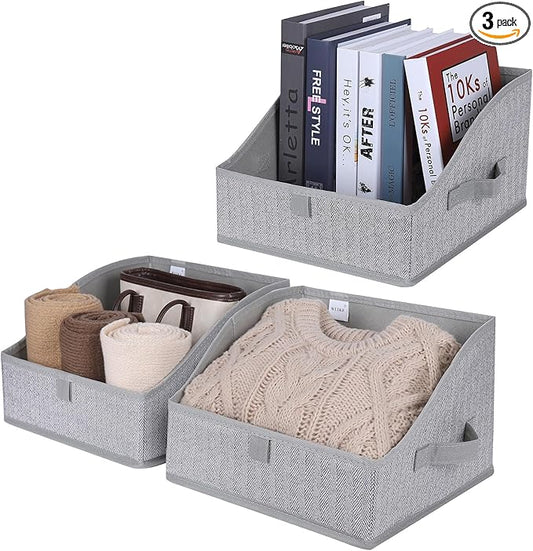 WUIKE 3 Pack Large Closet Storage Bins, Fabric Trapezoid Storage Baskets for Organizing Clothes, Sheets, Blankets, Decorative Storage Bins, Herringbone Gray, Large
