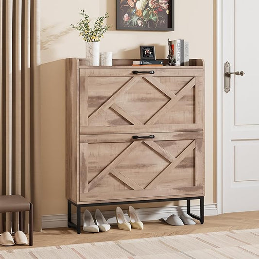 Nicetree Shoe Cabinet with 2 Flip Drawers，Freestanding Shoe Storage Cabinet, Narrow Shoe Organizer Cabinet, Farmhouse Slim Shoe Rack Cabinet for Entryway,Toasted Oak