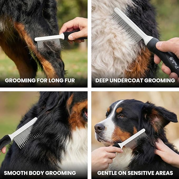 POODLIE Poodle Pet Dog Combs for Grooming Matting - Metal Comb for Dogs with Long & Short Stainless Steel Teeth - Dematting Comb for Cats to Remove Matted Hair & Knots, Black