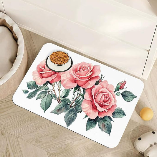 Pink Rose Pet Feeding Mat,Vintage Absorbent Quick-Dry Cat Dog Food and Water Bowl Mats,Non-Slip Rubber Backing Mat,Cat Dog Accessories Supplies 16"x24"