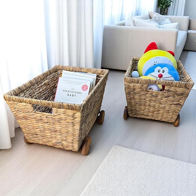 Wicker Toys Storage with Removable Wheels, Set of 2, Heavy Duty Hyacinth Storage Baskets for Organizing, Storage Woven Basket, Rattan Basket, Toys Storage (Water Hyacinth)
