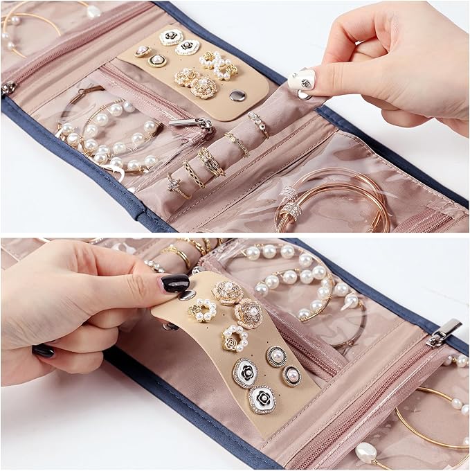 BELALIFE Travel Jewelry Case Organizer, Small Foldable Storage Roll for Earrings, Necklaces, Rings, Bracelets, Brooches, Blue-Gray
