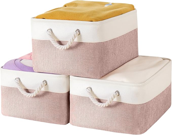 Storage Bins with Sturdy Cotton Handles(3 Pack), Fabric Storage Baskets for Organizing use for Office & Home, Book, Clothes, Toys, Closet Boxes (Large, Pink-White, 15.7x11.8x7.9 inches)