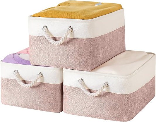 Storage Bins with Sturdy Cotton Handles(3 Pack), Fabric Storage Baskets for Organizing use for Office & Home, Book, Clothes, Toys, Closet Boxes (Large, Pink-White, 15.7x11.8x7.9 inches)