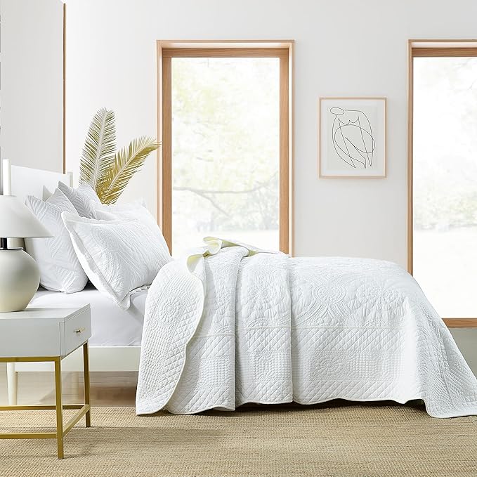 MarCielo 100% Cotton Quilt Set - 3-Piece Embroidered Farmhouse Bedspread & Shams, All-Season Breathable Bedding (Tf Bright White,King)