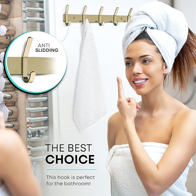 Brushed Gold Wall Mounted Coat Rack – 17 Inch Stainless Steel Rail with 6 Double Coat Hooks for Entryway, Bathroom, Bedroom, Kitchen – Modern Gold Hook Rack for Coats, Hats, Towels