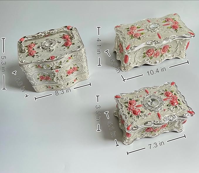 Truewon Jewelry Chest Rose Pastoral Style Metal Box Trinket Vintage Trinket Gemstone Storage Tray Treasure Souvenir Gift Case for Girls Women (White Pink Golden, Large)