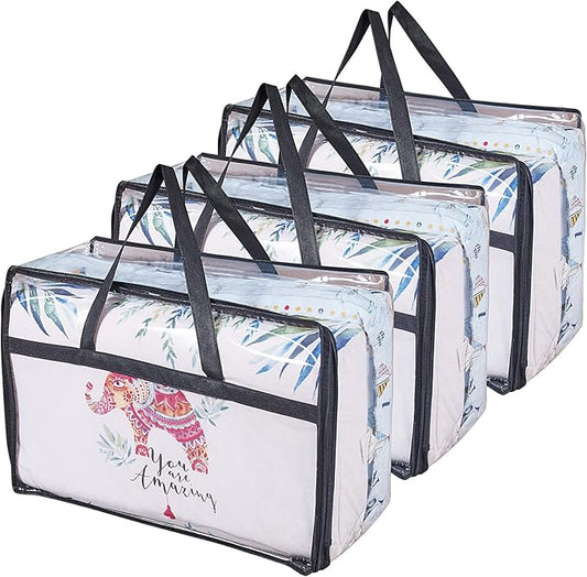 Clear Clothes Storage Bag Organizer with Reinforced Handle, Vinyl Storage Bags for Comforter, Blanket, Bedding, Toys, Transparent Moving Totes with Sturdy Dual Zippers, 3 Pack, 55 L, Black