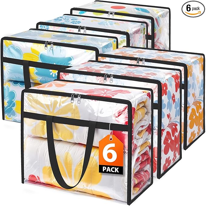 Clear Clothes Storage Bags, 6 Pack Closet Organizers and Under Bed Storage Containers, Foldable Moving Bags with Zippers for Comforter, Blanket, Bedding, Duvet, PVC Packing Bags 40L