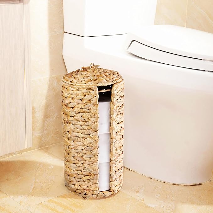 Wicker Toilet Paper Storage Stand with Lid, Toilet Paper Holder for Up to 3 Mega Rolls, Water Hyacinth Toilet Paper Basket Bathroom Accessories Organizer