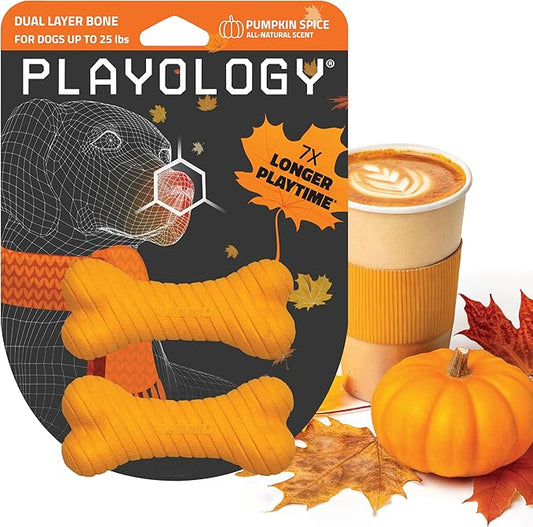 Playology Dog Toys | Dual Layer Bone Durable Chew Toy Bone for Dogs (Value 2-Pack) | Small Pumpkin Spice Scented Toy - Easy to Clean and Made from Non Toxic Materials