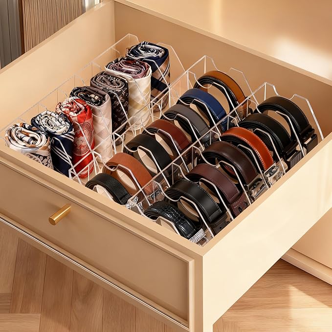 XZQTIVE Belt Organizer, Acrylic Belt Storage Holder for Closet with 7 Compartments, Clear Display Case For Ties,Socks