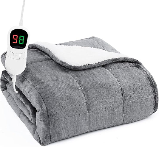L'AGRATY Heated Weighted Blanket for Adults - 50"x60" 10lbs Electric Throw Fast Heating Heavy Blanket 1/2/4/6/8 Hour Auto Off 10 Heat Levels Over-Heat Protection Soft Flannel Sherpa