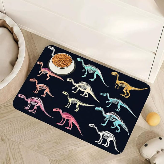 Dinosaur Skeleton Dog Cat Food Mat,Vintage Color Absorbent Pet Feeding Mat with Rubber Backing,Non-Slip Water Bowl Placemat,Indoor Pet Accessories Supplies 16"x24"