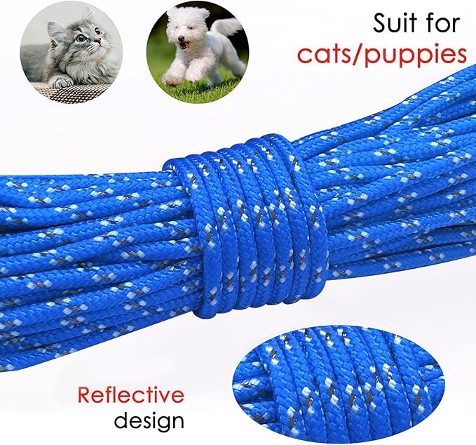 Rypet Reflective Cat Long Leash - 30 FT Escape Proof Walking Leads Yard Long Leash Durable Safe Personalized Extender Leash Traning Play Outdoor for Kitten, Puppy, Rabbit and Small Animals