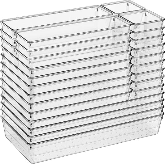 Large Clear Plastic Drawer Organizer 28 Pack - 5 Sizes (XL to small) Acrylic Drawer Organizer Trays for Kitchen Utensils, Gadgets, Bathroom, Vanity and Makeup, Office - Everything Can Be Organized!