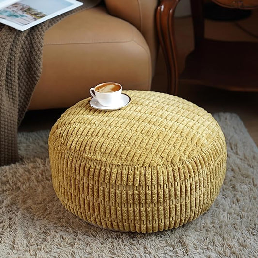 Unstuffed Pouf Ottoman Cover Soft Storage Extra Seat Farmhouse Comfortable Bohemian Poufs Accent Footrest 20x20x8 Inches for Living Room Bedroom Study Nook (Yellow, Round)