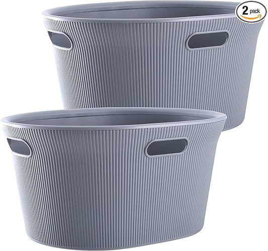 Superio Ribbed Collection - Decorative Plastic Laundry Basket with Cut-Out Handles, Grey (2 Pack) Hamper Organzier for Bedroom Bathroom College Dorm Room 35 Liter