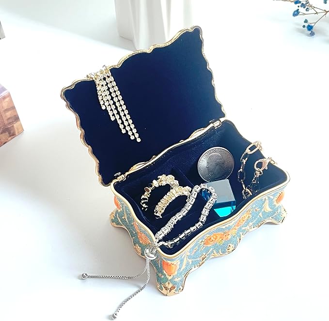 Truewon Jewelry Chest Rose Pastoral Style Metal Box Trinket Vintage Trinket Gemstone Storage Tray Treasure Souvenir Gift Case for Girls Women (Golden Starshine Bluish Violet, Small)