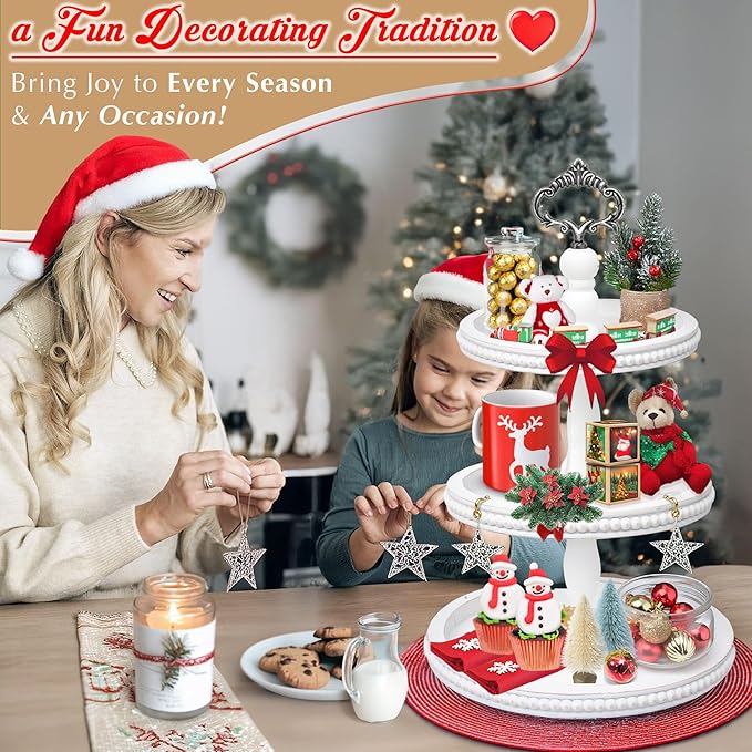 [3-in-1] Wooden Tiered Tray Stand - Beaded 3 Tiered Tray Decor Wood Cupcake Stand for Farmhouse Country Rustic Home - 3 Tier Stand [with 3 Changeable Handles] by Felt Creative Home Goods (White)