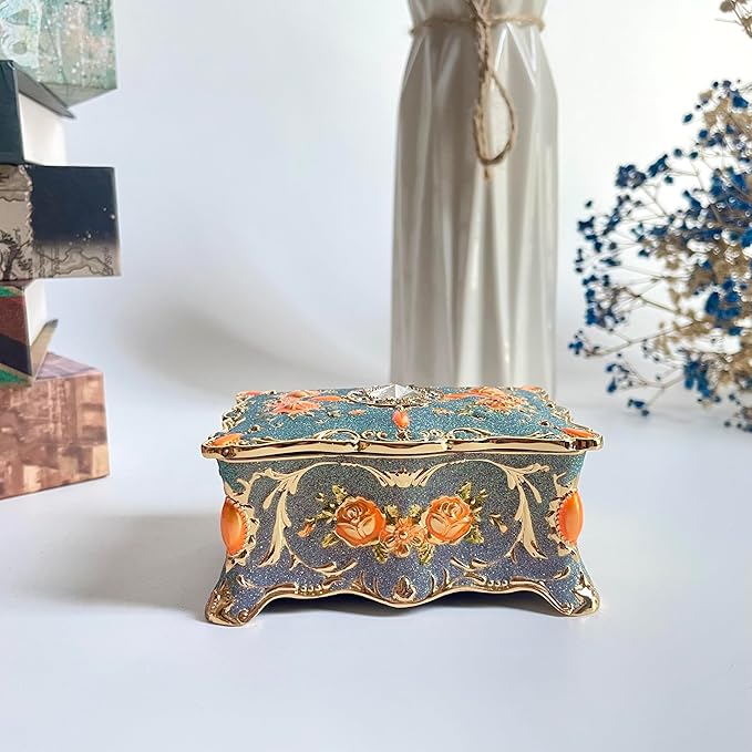 Truewon Jewelry Chest Rose Pastoral Style Metal Box Trinket Vintage Trinket Gemstone Storage Tray Treasure Souvenir Gift Case for Girls Women (Golden Starshine Bluish Violet, Small)