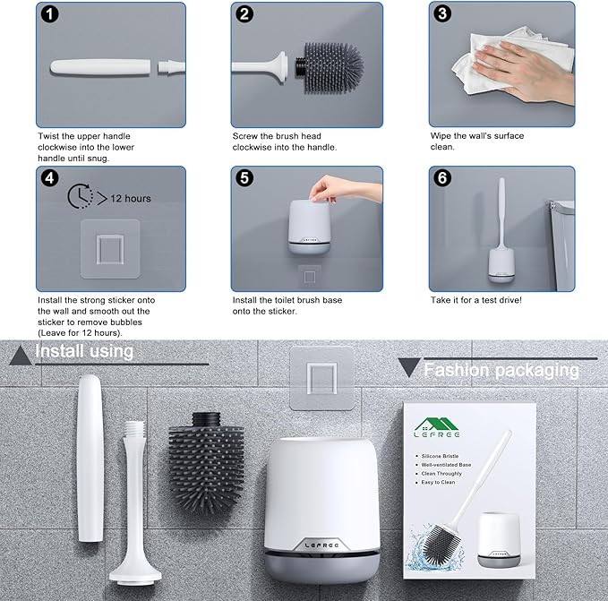 Lefree Silicone Toilet Brush and Holder, Bathroom Cleaner Brush Set, Non-Slip Handle Toilet Bowl Brush with TPR Soft Bristle, Wall Mounted/Floor Standing