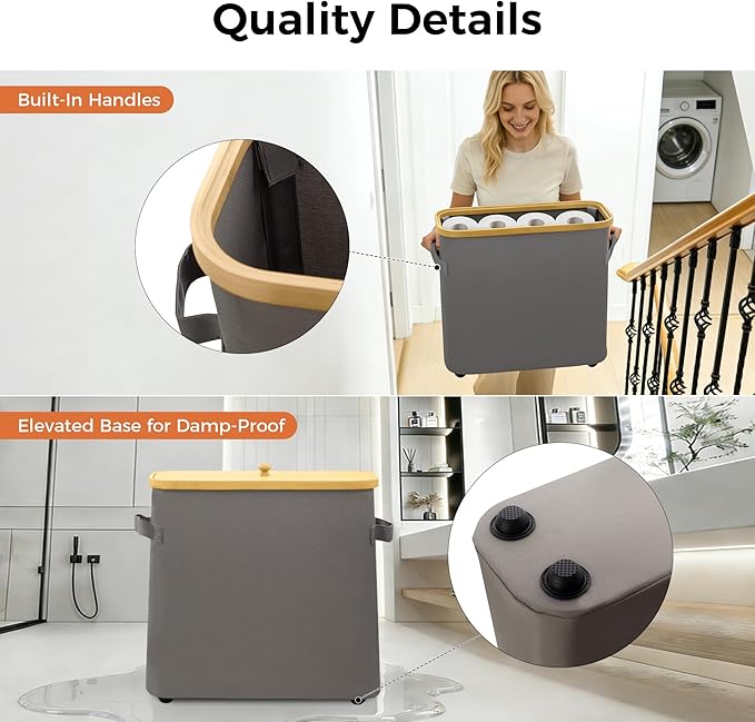 MinBoo Toilet Paper Basket, Storage with Lid, Toilet Paper Organizer for Bathroom, Free Standing Toilet Paper Holder with Storage,Gray