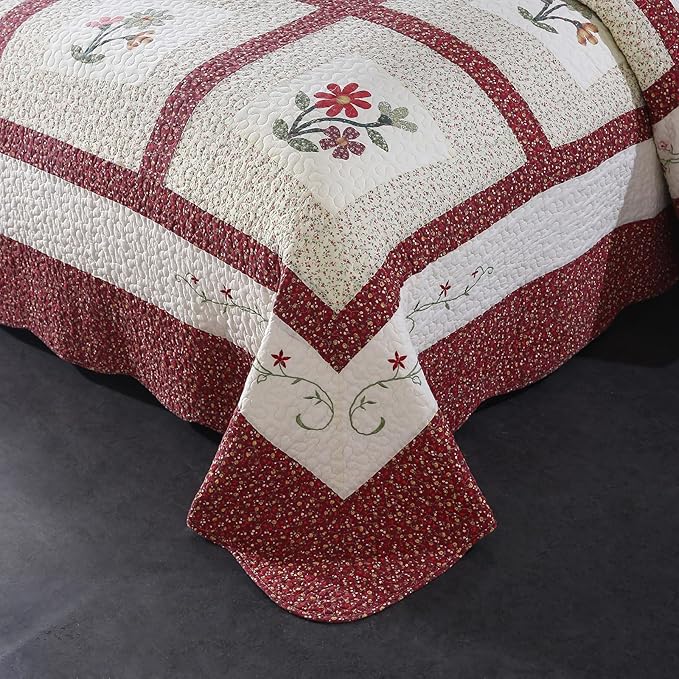 vctops Christmas Red 2 Piece Embroidered Floral Quilted Bedspread Quilt Set 100% Cotton Reversible Patchwork Coverlet Set 1 Quilt and 1 Pillow Sham (Red,Twin)