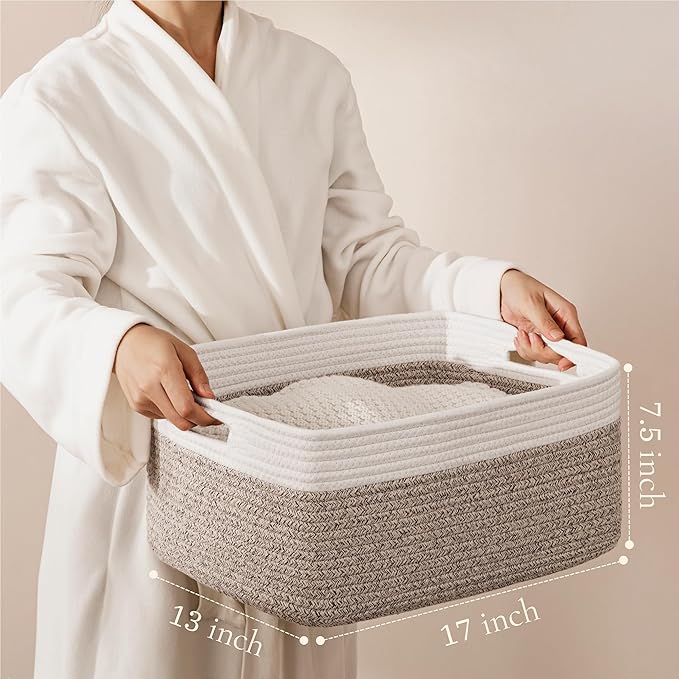 UBBCARE 2 Pack Large Woven Storage Baskets for Organizing, Clothes/Towel/Sweater Organizer for Closet, Storage Baskets Bins for Shelves, Blanket Basket, 17''Lx13''Wx7.5''H, Light Brown/White