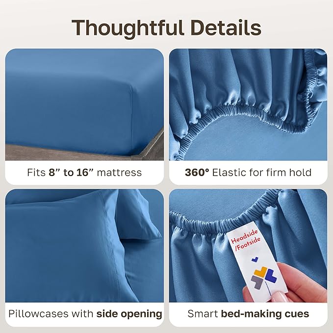 California Design Den King Sheets Cotton Set - Luxury 600 Thread Count Sateen, Natural 100% Cotton Cooling Sheets King Size, Hotel Quality, Durable Fully Elasticized Deep Pockets - Parisian Blue