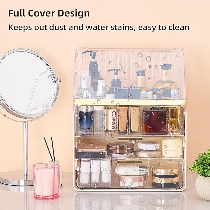 Large Cosmetic Organizer Fully Transparent with Drawers, Dustproof Waterproof Bathroom Counter Storage for Skincare Lipstick Makeup Brushes(White)