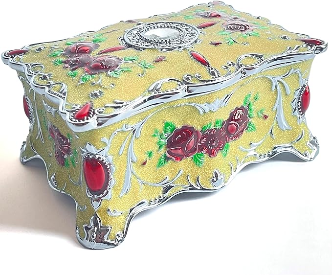 Truewon Jewelry Chest Rose Pastoral Style Metal Box Trinket Vintage Trinket Gemstone Storage Tray Treasure Souvenir Gift Case for Girls Women (Chrome Starshine Yellow, Medium)