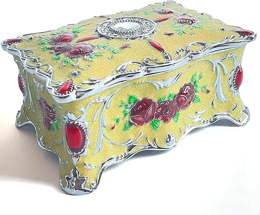 Truewon Jewelry Chest Rose Pastoral Style Metal Box Trinket Vintage Trinket Gemstone Storage Tray Treasure Souvenir Gift Case for Girls Women (Chrome Starshine Yellow, Medium)