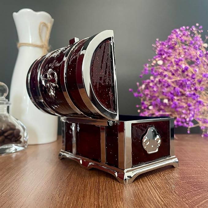 Retro Jewelry Box Arched Vintage Rectangular Metal Chest Necklace Ring Earrings Storage Case for Women Girls (Chrome Transparent Red, M)