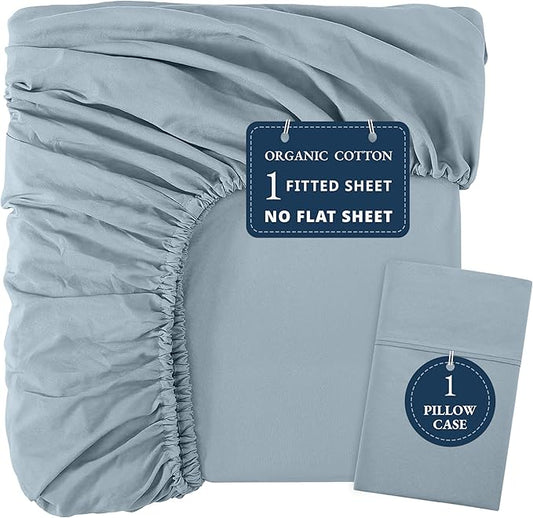 LANE LINEN Twin XL Fitted Sheet - 100% Organic Cotton 2 Pc Set (1 Fitted Sheet, 1 Pillowcase), Percale Weave, Lightweight, Soft, Breathable, Fits Mattress Upto 15" Deep - French Blue (No Flat Sheet)