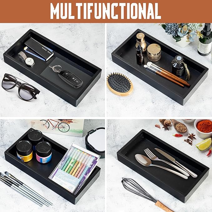 Demigo Acacia Valet Tray, 12.2 x 6 in Men and Women Wooden Catch All Tray for Entryway Table, Bedside Nightstand Organizer, Home Office, Tabletop Storage Vanity for Wallet, Jewelry, Perfume (Black)