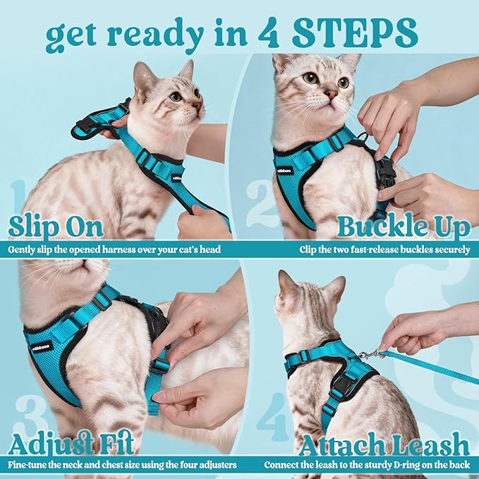rabbitgoo Cat Harness and Leash for Walking, Escape Proof Soft Adjustable Vest Harnesses for Cats, Easy Control Breathable Reflective Strips Jacket, Teal, M