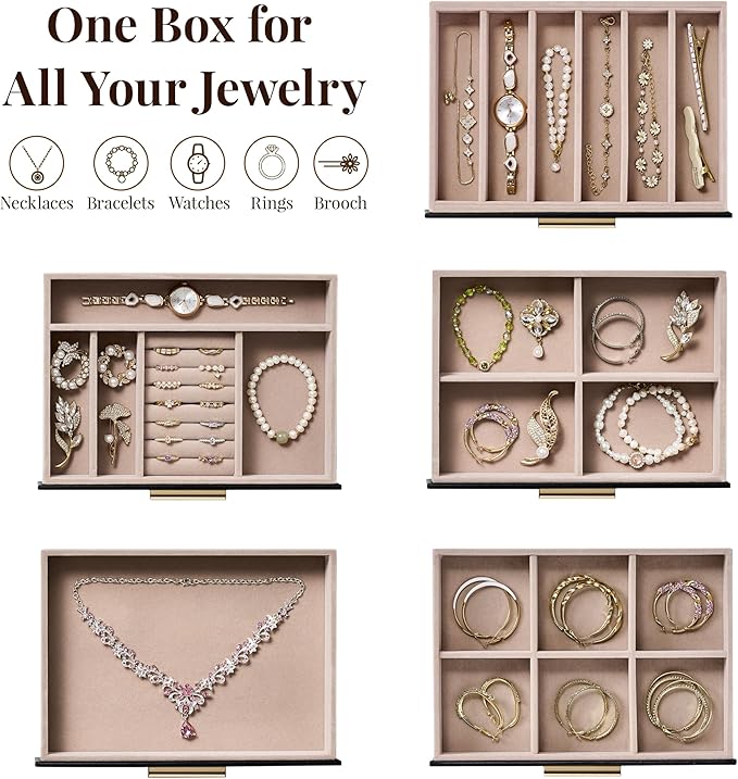 pickpiff Jewelry Box Organizer Case for Women: 5-Layer Jewelry Storage Case with Glass Window, Black Leather with Blush Velvet, Holder for Ring Necklace Bracelet Brooch Watch, Great Gift for Her