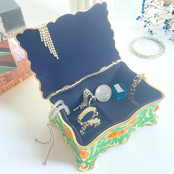 Truewon Jewelry Chest Rose Pastoral Style Metal Box Trinket Vintage Trinket Gemstone Storage Tray Treasure Souvenir Gift Case for Girls Women (Golden Starshine Green, Medium)