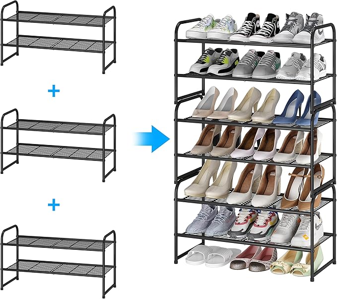 Simple Trending 2-Tier Stackable Shoe Rack, Metal Shoe Shelf Storage Organizer, Black
