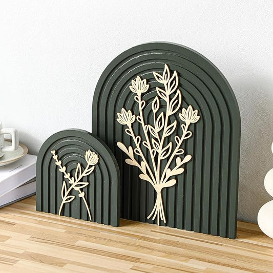 Cinnvoice Set of 2 Wood Rainbow Arches Boho Decor Boho Rainbow Arch Rustic Farmhouse Art for Shelves Farmhouse Wall Decor Floral Mid Century Home Wall Art for Living Room Kitchen Bedroom(Green,Gold)