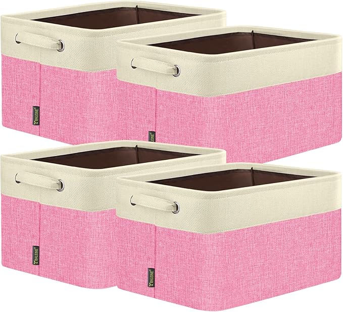 BALEINE 4 Pack Fabric Storage Bins for Shelves, Linen Storage Baskets for Organizing, Decorative Closet Bins for Clothes, Home (Pink, 15''x11''x9.5'')